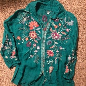 Johnny Was Embroidered Silk Blouse